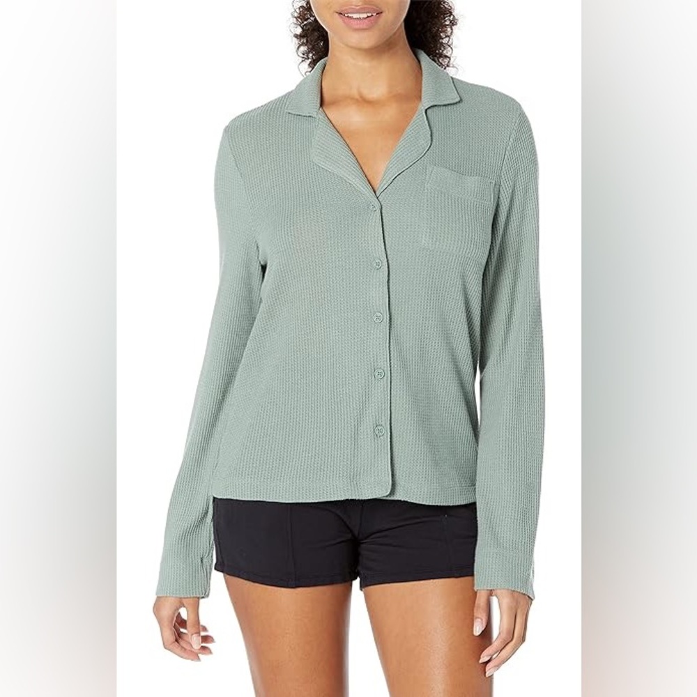 P.J. Salvage Waffle Knit Button Down Lounge Shirt Green Medium Mixing It Up